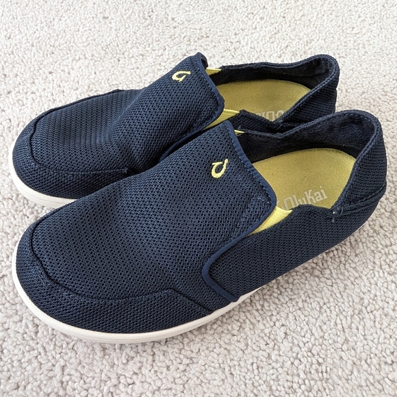 OluKai Kids Nohea Mesh Boys Slip On Shoes Trench Blue Bright Moss Size 3 - Picture 1 of 10